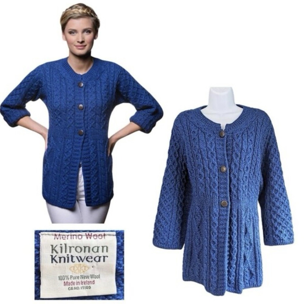 KILRONAN Blue Marl Irish Merino Wool Chunky Knit A-Line Cardigan Sz XS